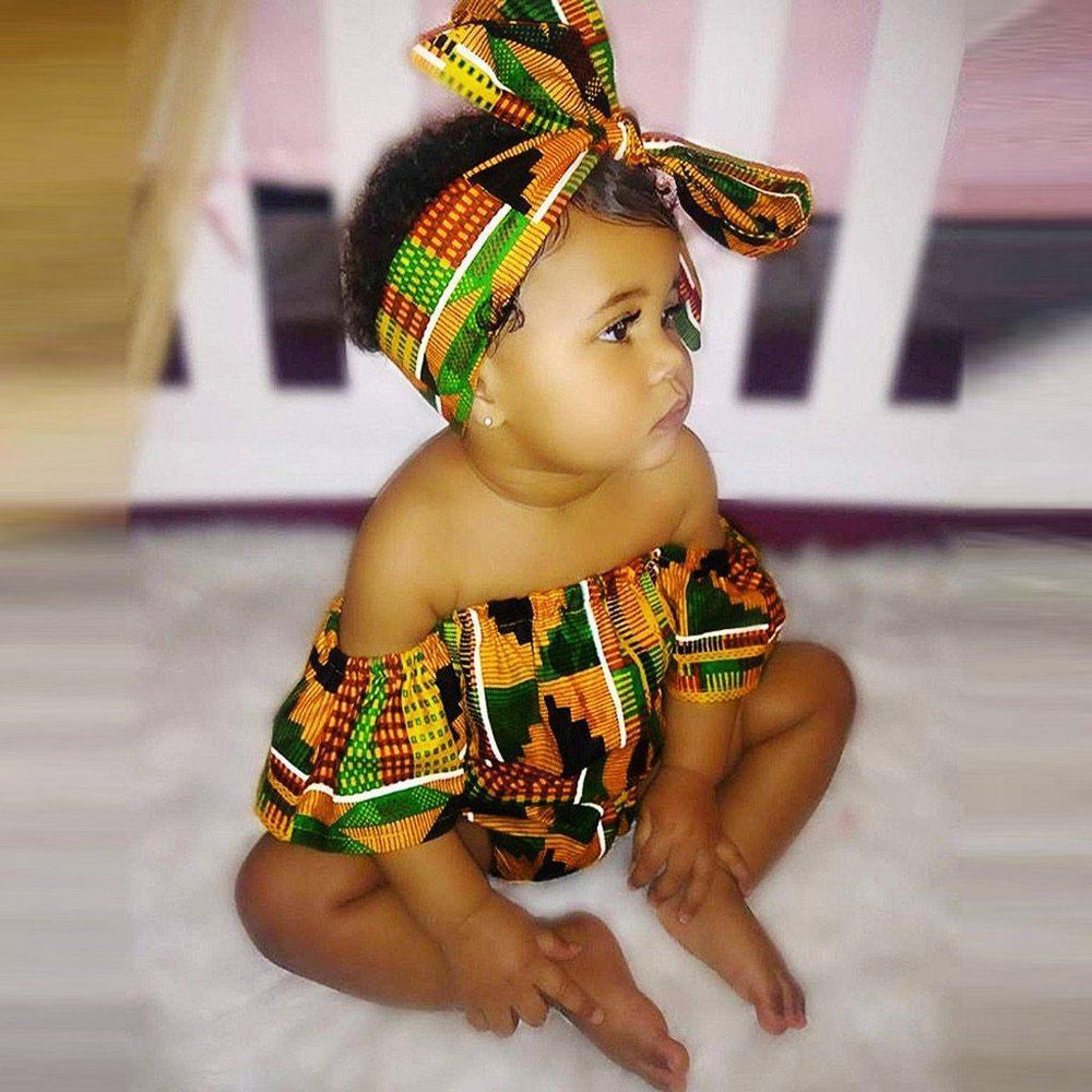 Baby Girls African Kente Print Off Shoulder Long Sleeve Romper Hair Band Clothing My Moppet Shop 