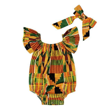 Baby Toddler Girls Romper African Kente Print Off Shoulder Romper+Headband Set 2pcs Clothing MJJ Source Multicolor 6M United States