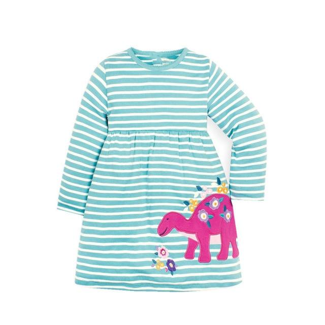 Light Blue and White Striped Pink Dinosaur Applique Dress Long Sleeve Clothing My Moppet Shop T7115 dinosaurs 4T 