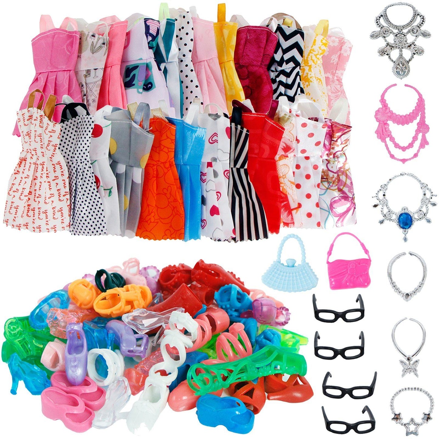 32 Item/Set Doll Accessories=10 Mix Fashion Cute Dress+ 4 Glasses+ 6 Necklaces+2 Handbag+ 10 Shoes Dress Clothes For Barbie Doll Toys MJJ Source 